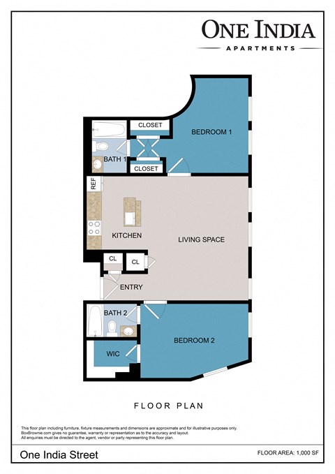 Floor plan for 2 beds, 2 baths, 1000 sqft